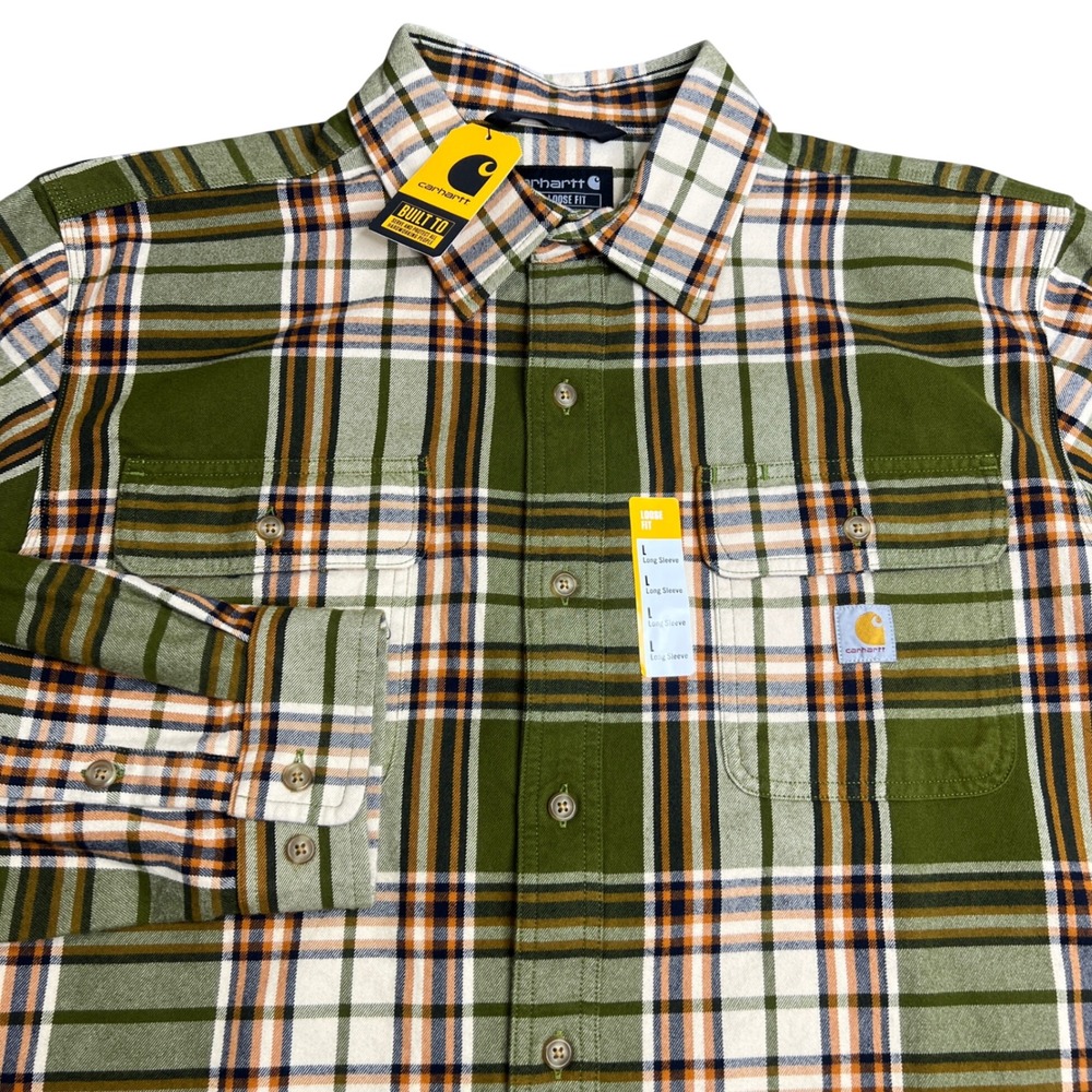 Carhartt Mens Loose Fit Plaid Flannel Shirt Green Orange Long Sleeve Large
